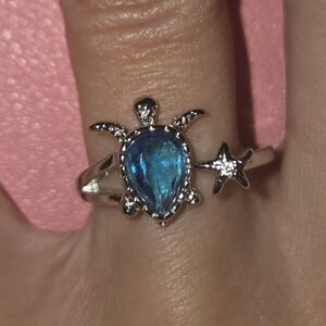 Blue Sea Turtle & Star Gemstone Aquamarine Ring - Women Jewelry Size 6